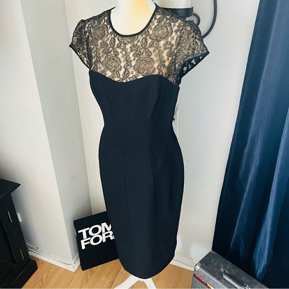 Maggy London Black Stretch Crepe Gold Lace Illusion Dress, Black, Size‎ 8, NWT